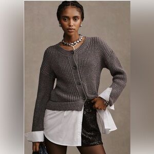 Anthropologie Charcoal Knit Cardigan with White Layer